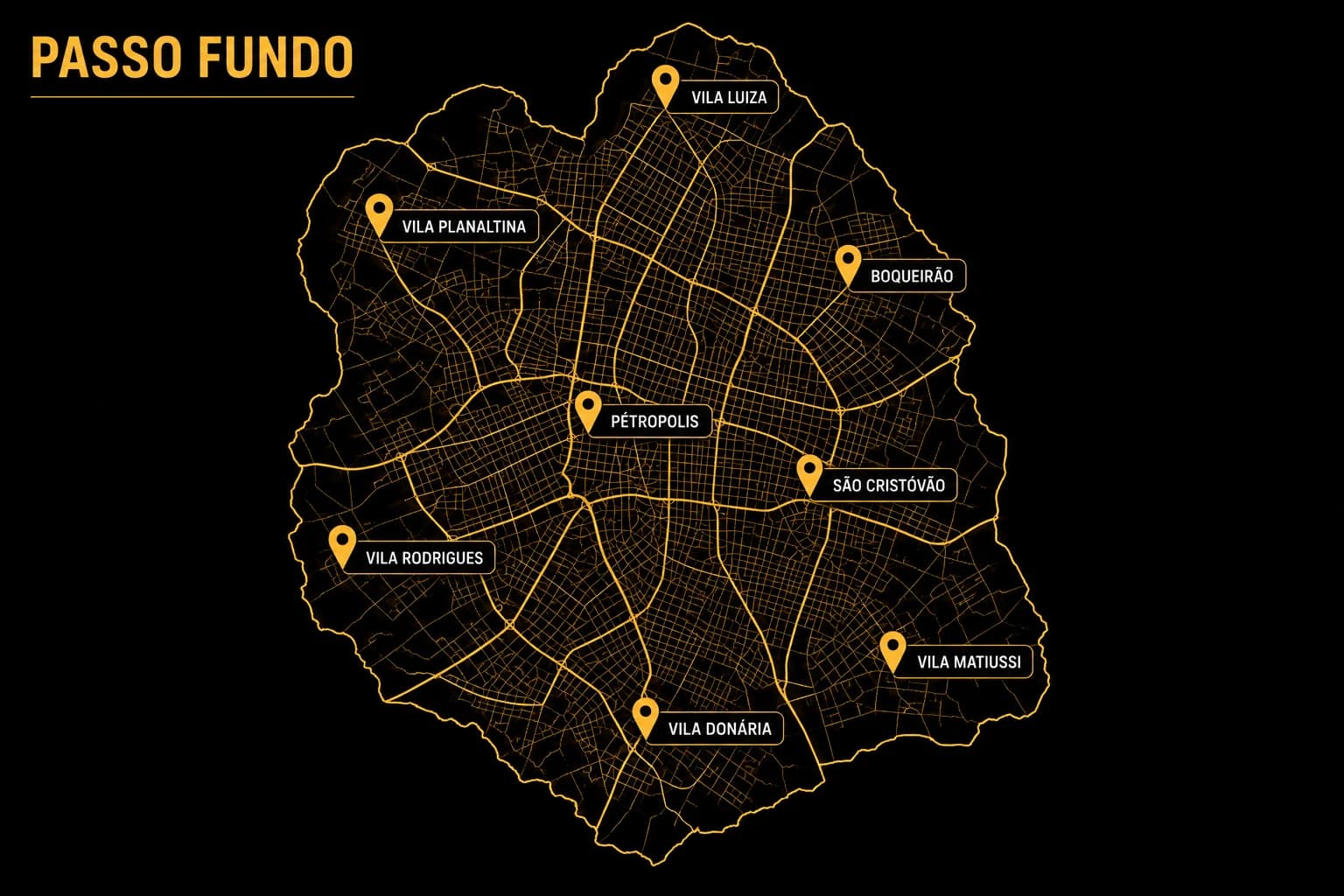 Mapa de Passo Fundo com os bairros atendidos pelo Passo Fundo em Dobro